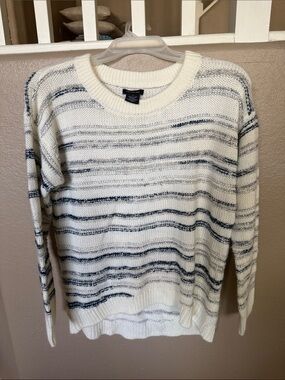 Calvin Klein Cozy Striped Knit Sweater in White and Navy